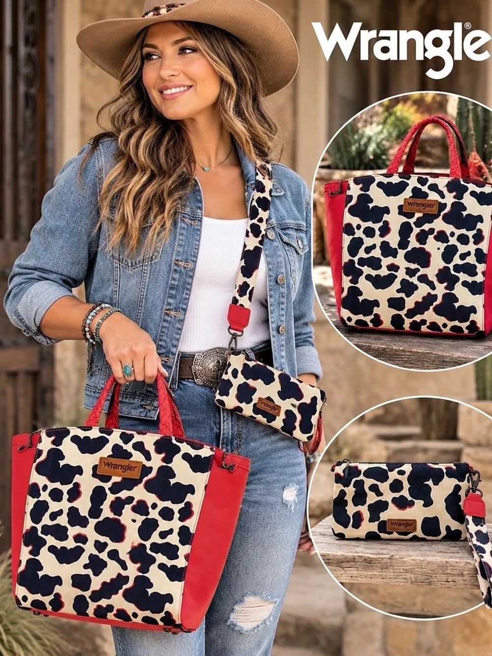 Wrangler Cow Print Tote & Crossbody Purse Set Red Western NWT